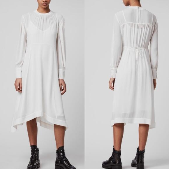 ALLSAINTS Fayre Midi Dress Chalk White Handkerchief Hem NWT Size XS - Picture 1 of 8